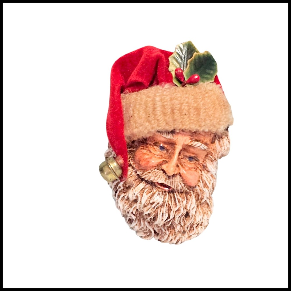 Santa Claus Face Christmas Holiday Brooch Pin Red Hat Holly Bell Wood